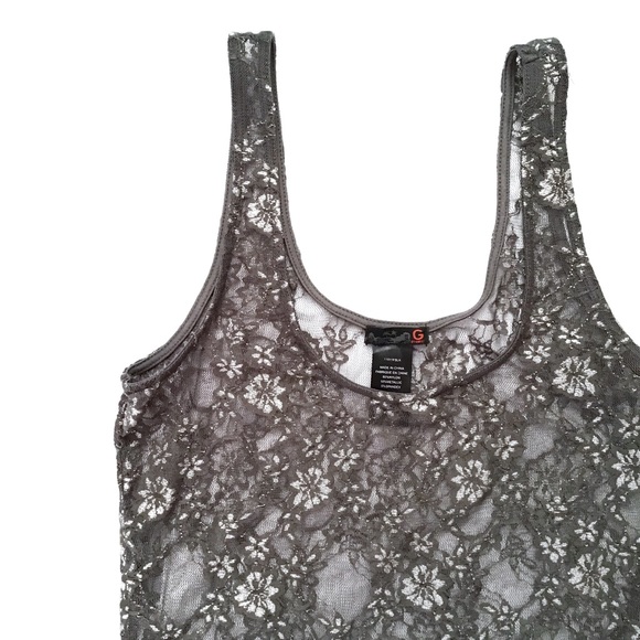 G BY GUESS | GRAY & SILVER LACE TANK - Picture 2 of 7
